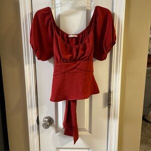 Altar'd State Women's Red Crop Top Medium Tie Sash Elegant Red Puff Sleeve Top
